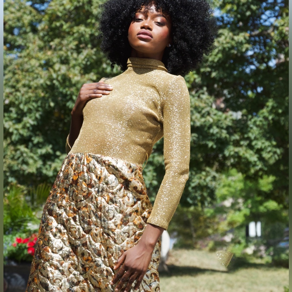 Vintage 1960s 1970s Carillon New York Gold Brocade sparkle Gown small